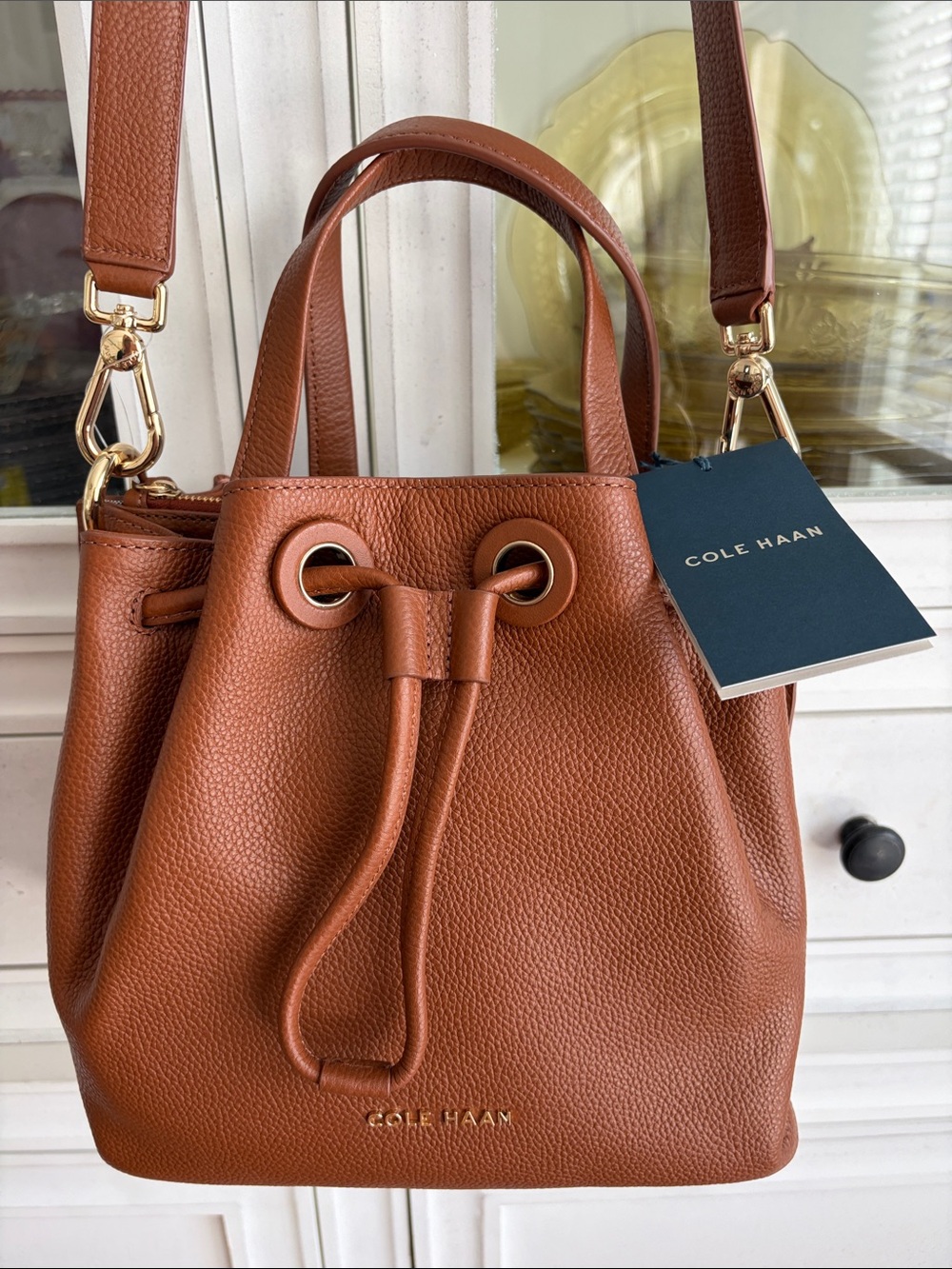 Cole Haan Cognac Brown Pebbled Leather Drawstring Bucket Bag